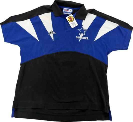 Vintage Apex Dallas Cowboys shark tooth polo shirt with a black and blue body, white, and a star logo on the chest